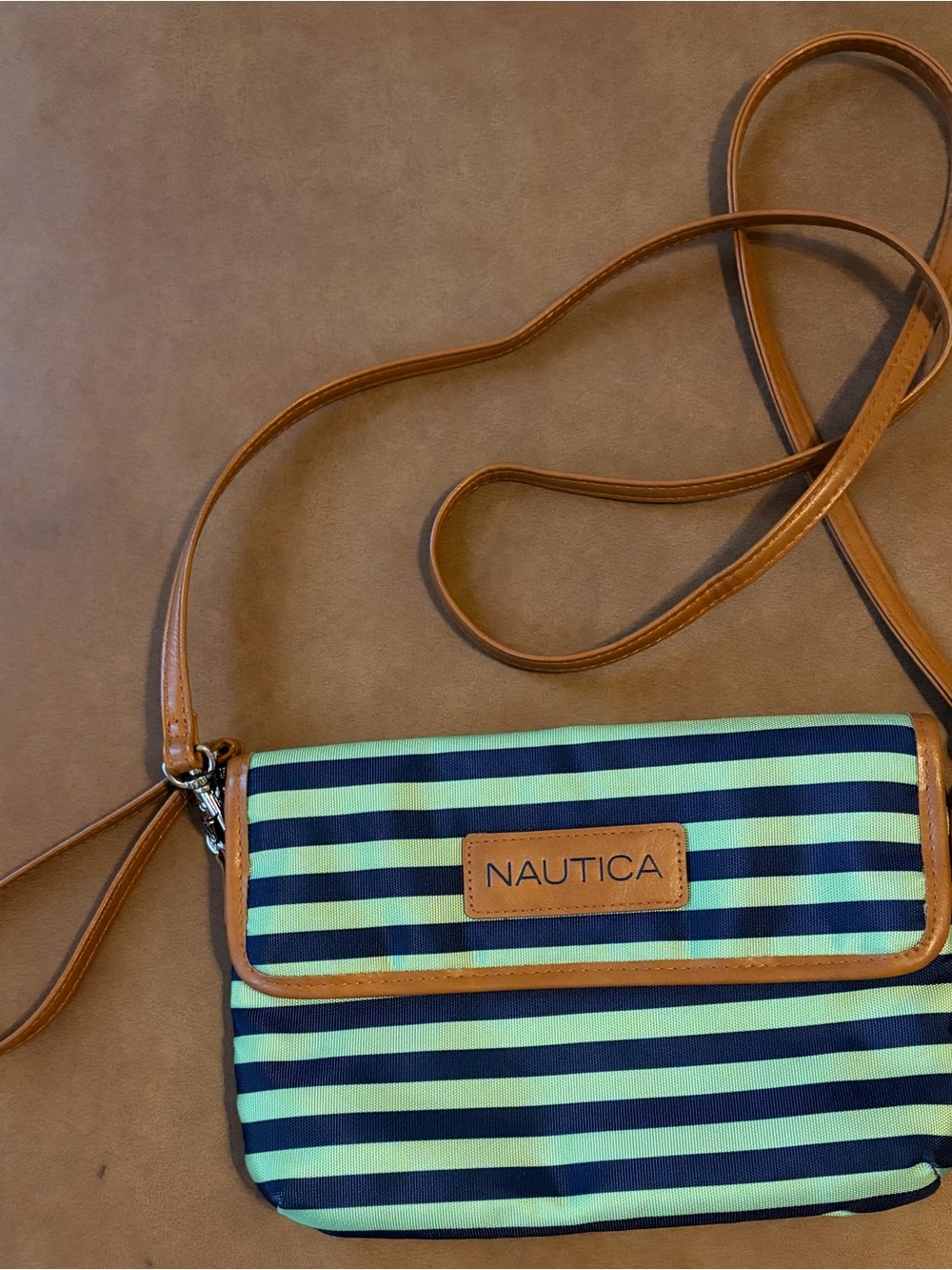 Nautica Navy Lime Green Striped Crossbody Bag Purse